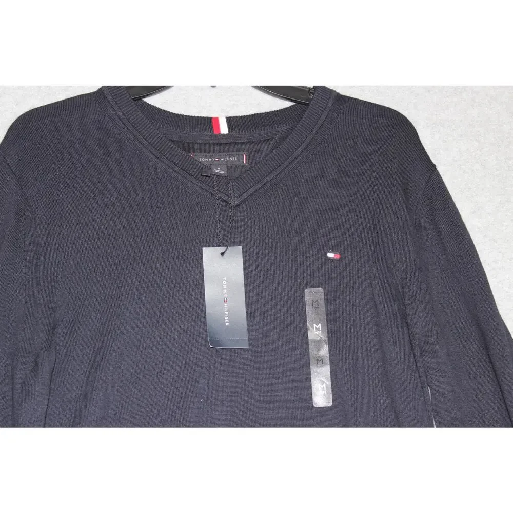 Tommy Hilfiger Men's‎ Black Solid V-Neck Cotton Pullover Sweater NWT Size Medium